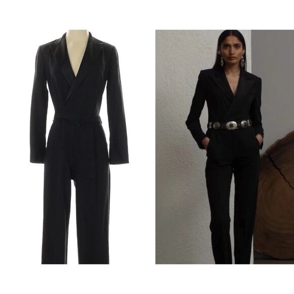 Ralph Lauren Tuxedo Jumpsuit Black Wool Long Sleeve 0 Straight Leg Silk Lapels - Picture 1 of 12